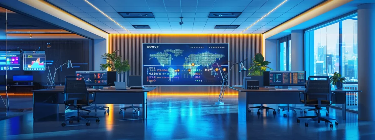 a sleek, modern office space bathed in soft, focused lighting showcases a futuristic workspace with minimalistic design, vibrant tech gadgets, and a large digital screen displaying complex data analytics, emphasizing the theme of innovation and productivity.