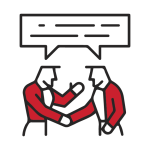 Two people shaking hands with speech bubbles.